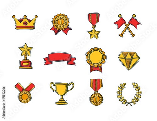 Set of winners color handdrawn icons - goblet, medal and wreath, race flags and belt and sertificate. Vector Illustration.