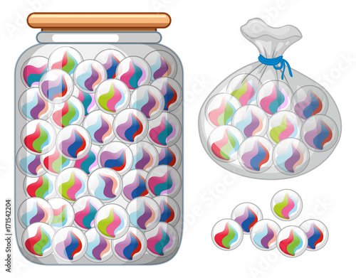 Marbles in glass jar and bag