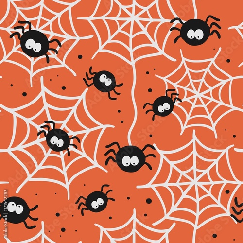 Halloween seamless pattern with spiders and web.