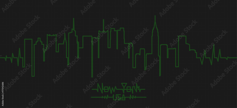 New York city linear banner like heart cardiogram of buildings landmarks silhouette vector illustration. Cityscape green art USA nyc drawing for project design, web banner travel poster on dark cell