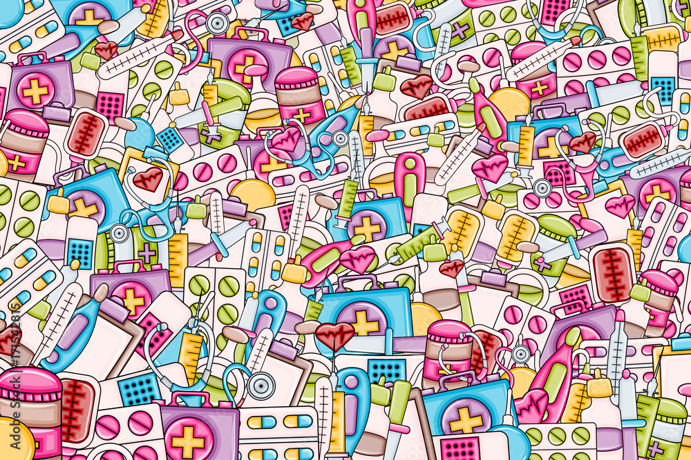 Healthcare concept in 3d cartoon doodles background design. Hand drawn colorful vector illustration. Healthcare concept in 3d cartoon doodles background design. Hand drawn colorful vector illustration.