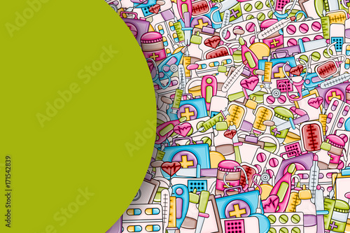 Healthcare concept in 3d cartoon doodles background design. Hand drawn colorful vector illustration.