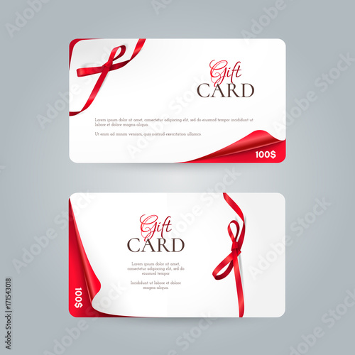 Vector set of elegant white gift cards with curved corners, red small bows and ribbons. Layout for gift vouchers, coupons and certificates. Isolated from the background.
