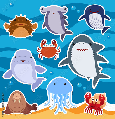 Sticker design with cute sea animals photo