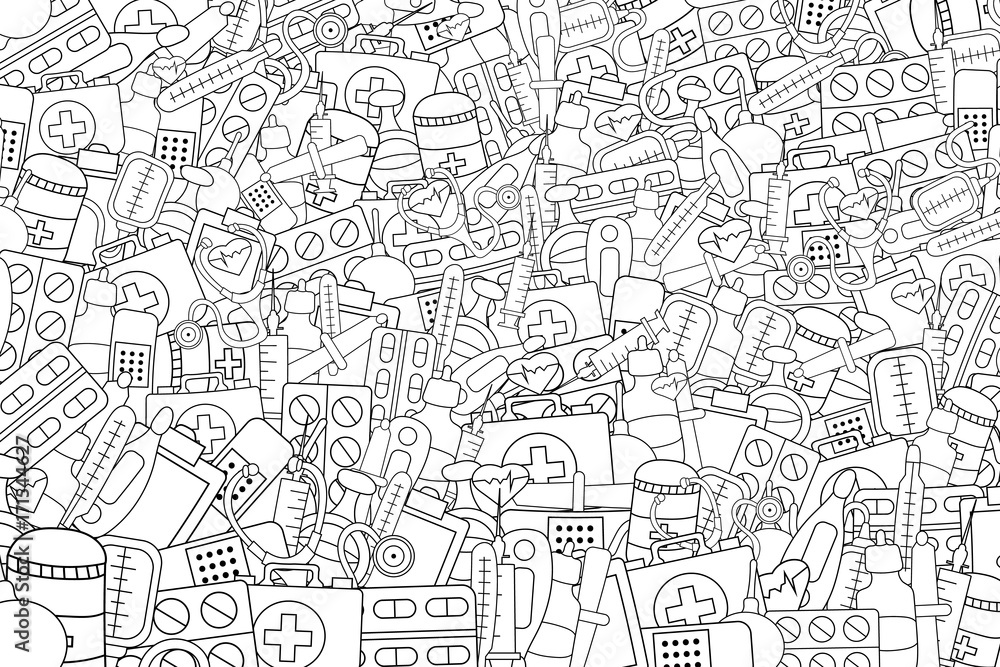 Healthcare concept cartoon doodles background design. Hand drawn black and white outline coloring page vector illustration.