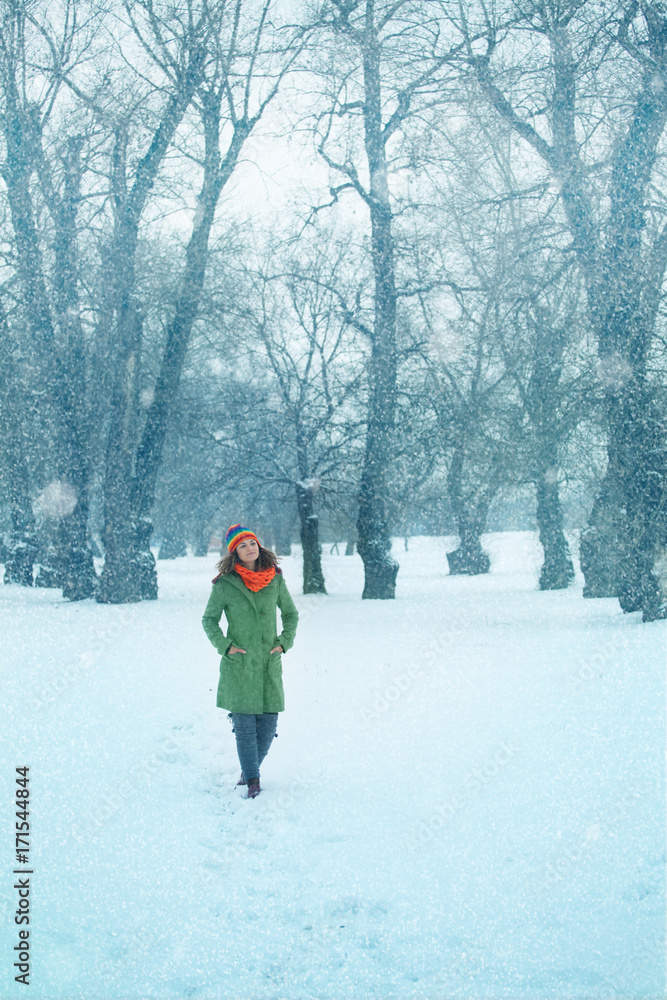 Young woman enjoys the walk in a snow in nature. Winter concept