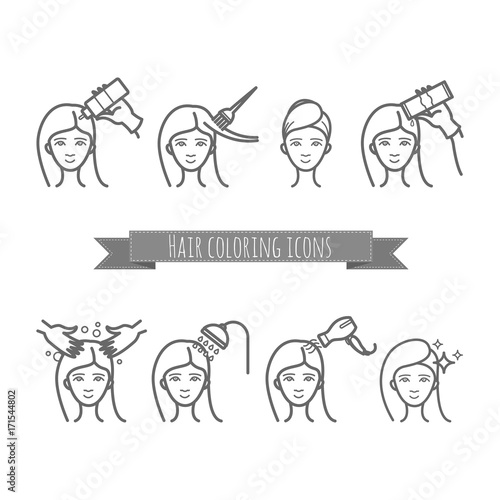 hair treatment icons set, coloring, care, styling