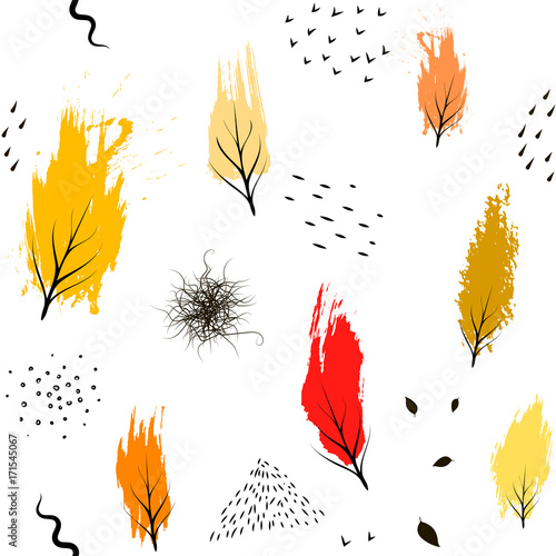 Autumn minimalist seamless pattern with colorful brush smears and black drawn.