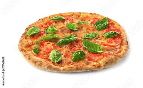 Delicious pizza with green fresh organic basil isolated on white