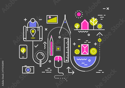 Vector trendy flat line abstract process illustration of landscaping design, beautification, territory planning on black background. Concept for website header banner layout, presentation.