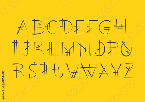 Vector alphabet set. Capital serif letters in cuneiform style. Black letters on yellow background.
