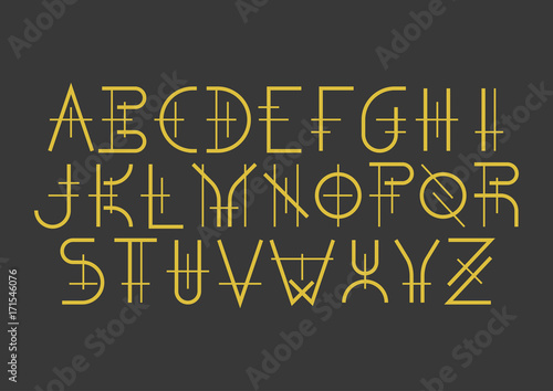 Modern uppercase geometric font in medieval style. Golden letters on black background. For music album covers, titles, posters of historical films.
