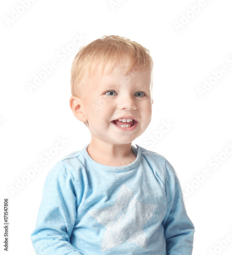Cute little baby on white b...