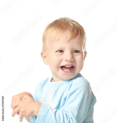 Cute little baby on white b...