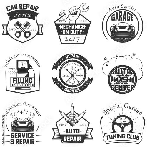 Car service logos vintage vector labels, badges and icons set