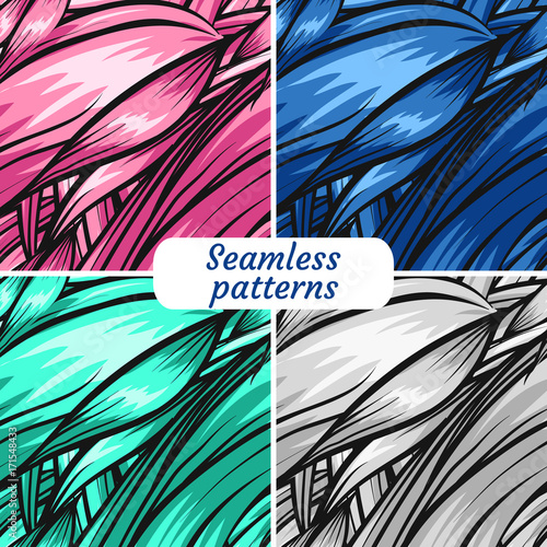 Waves of hair. Four seamless patterns.