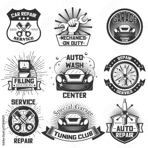 Car service logos vintage vector labels, badges and icons set