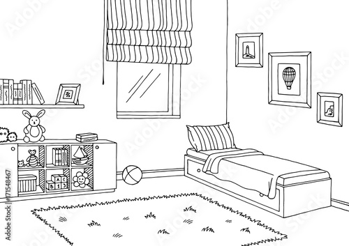 Children room graphic black white interior sketch illustration vector