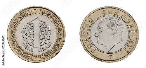 Wallpaper Mural Turkish coin currency one lira made of 8,20 gram nickel and copper zinc alloy isolated.      Torontodigital.ca