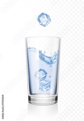 Glass of water with ice cubes realistic.