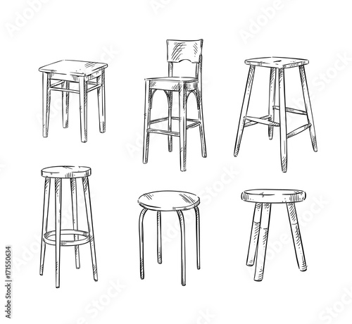 Set of hand drawn stools, vector sketch