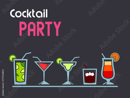 Cocktail party background with various drinks and copy space. Vector illustration.