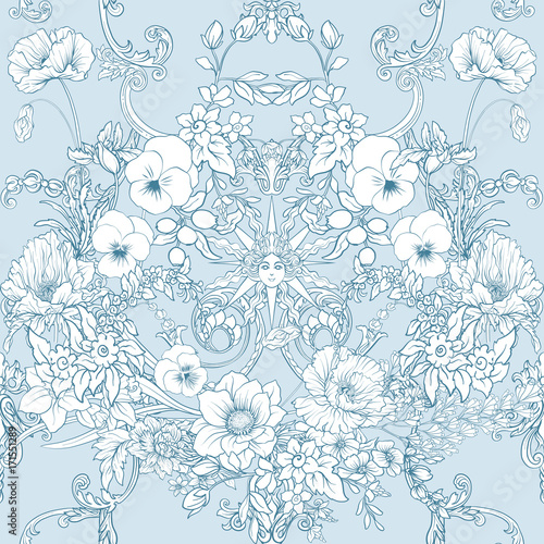 Seamless pattern with daffodils  anemones  violets 