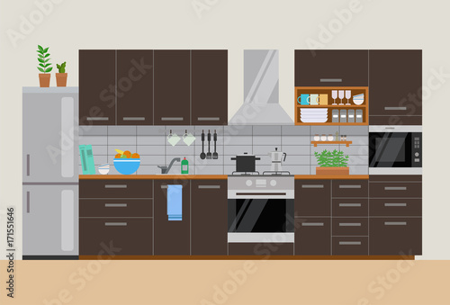 Modern cozy dark kitchen interior, flat style, vector graphic design template