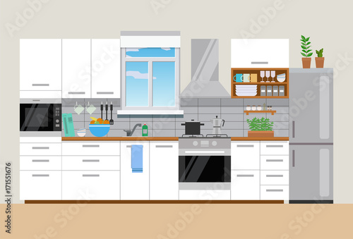 Modern cozy white  kitchen interior, flat style, vector graphic design template
