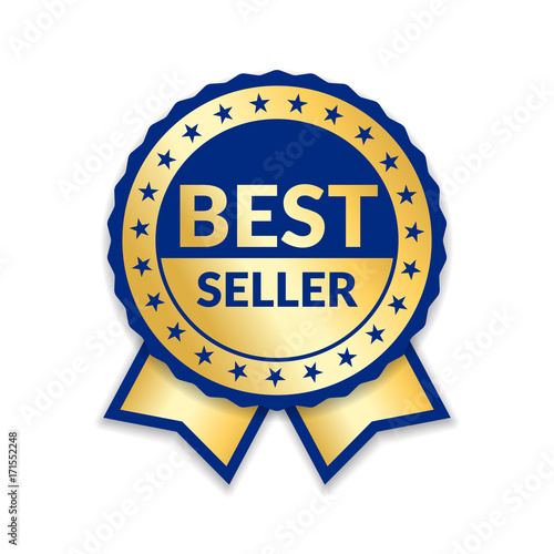 Ribbon award best seller. Gold ribbon award icon isolated white background. Bestseller golden tag sale label, badge, medal, guarantee quality product, business certificate Vector illustration