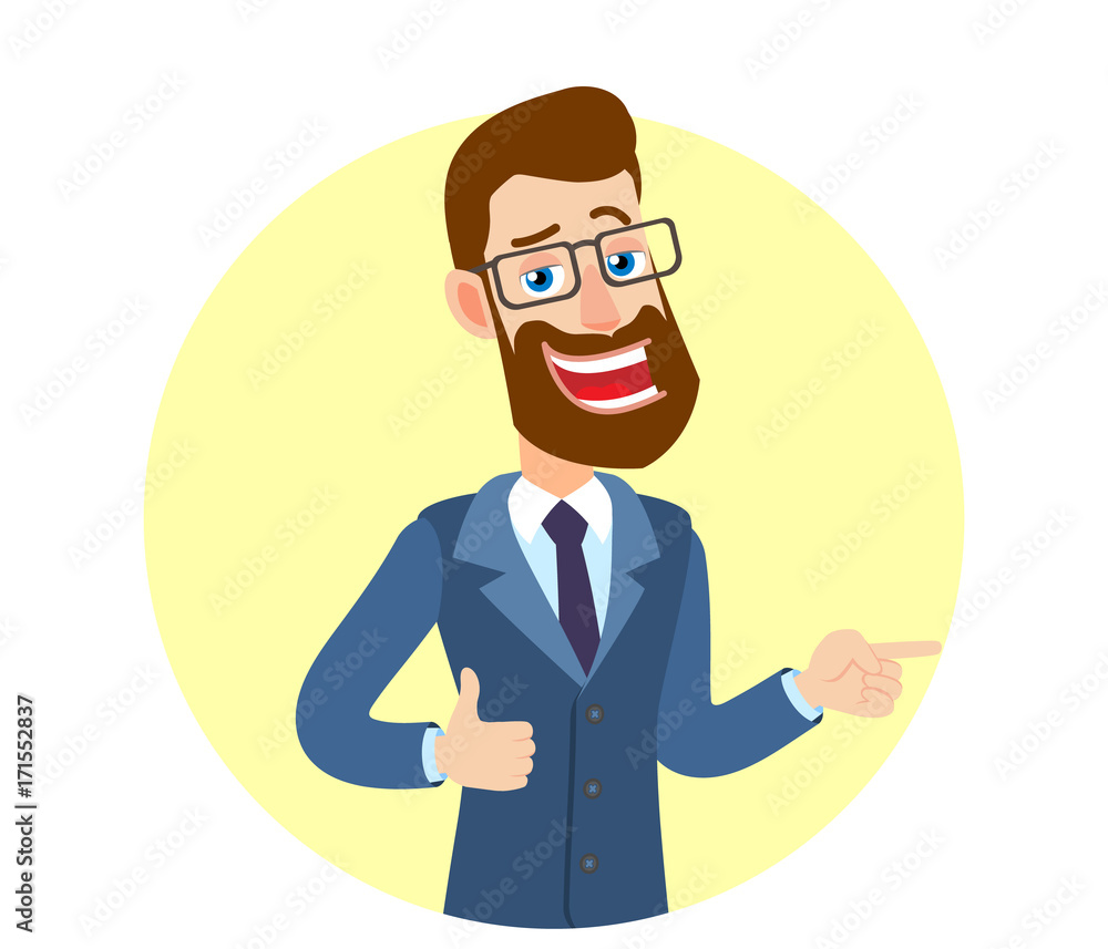 Hipster Businessman showing thumb up and pointing his finger at pointing something beside of him