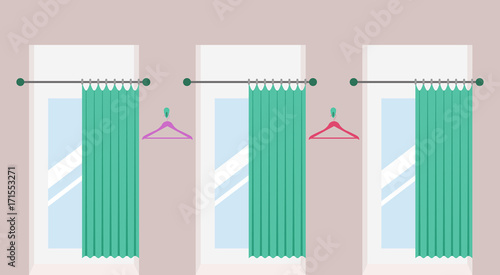 Row of vacant fitting rooms with open curtains and mirrors inside in a fashion shop. Cabins for trying on clothes in a shopping mall. Vector illustration.