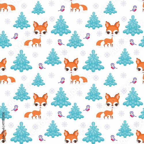 Baby colorful seamless pattern with the image of cute woodland animals. Winter background.