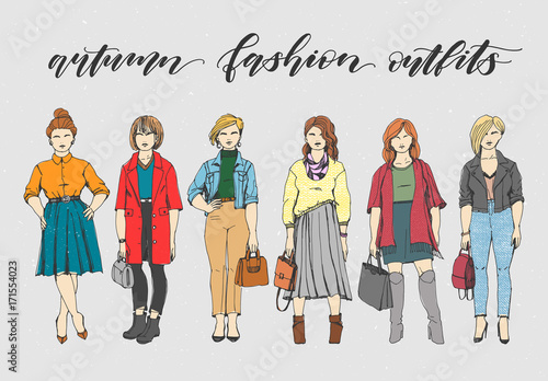 Fashion size plus. Attractive curvy women in fashion trendy clothes. Outfits for autumn elegant and casual hand drawn with ink pen. Colorful line art.
