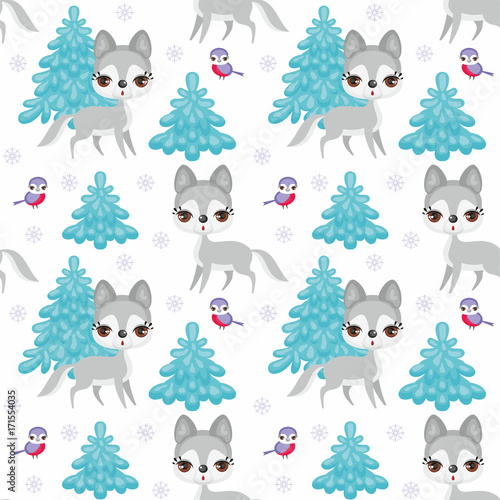 Baby colorful seamless pattern with the image of cute woodland animals. Winter background.