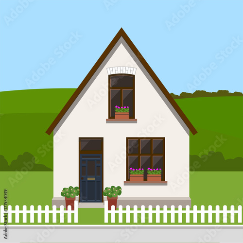 Cute residential country house, country landscape, trendy flat style vector design template