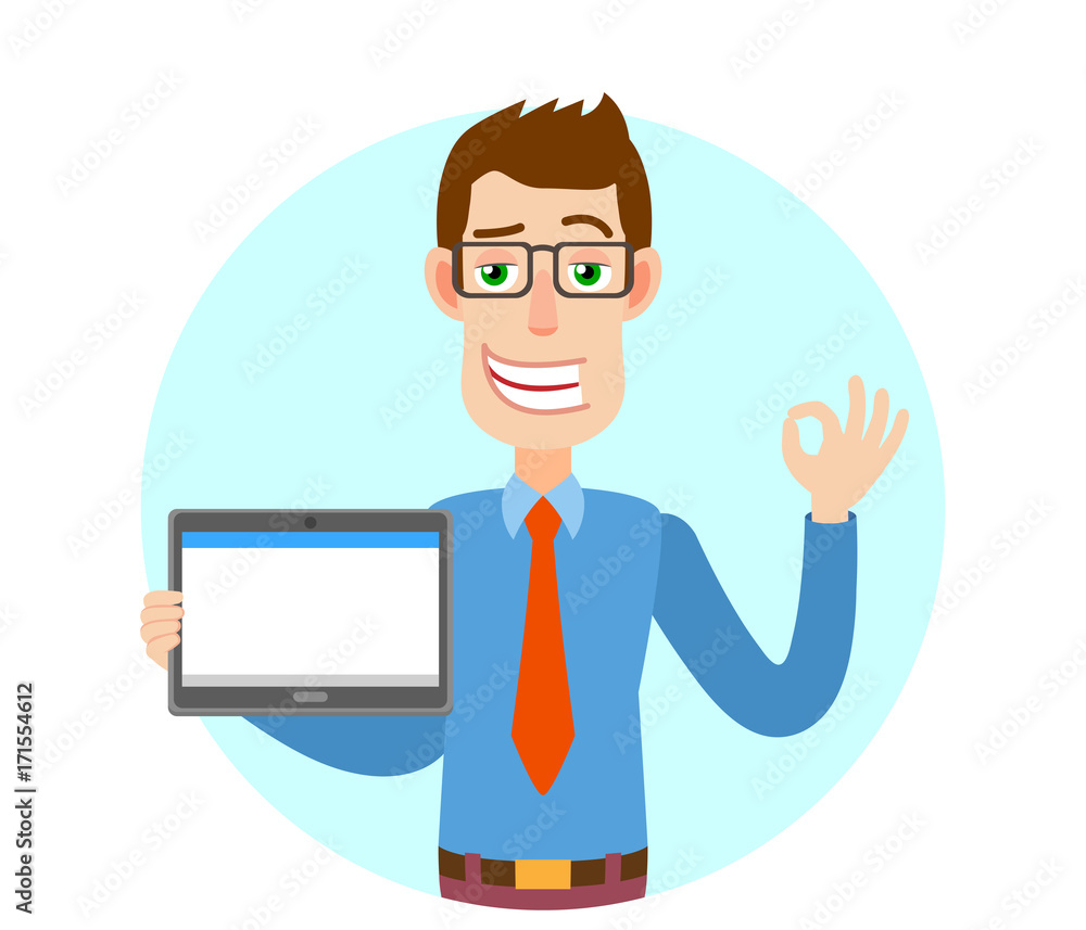 Businessman holding tablet PC and showing a okay hand sign