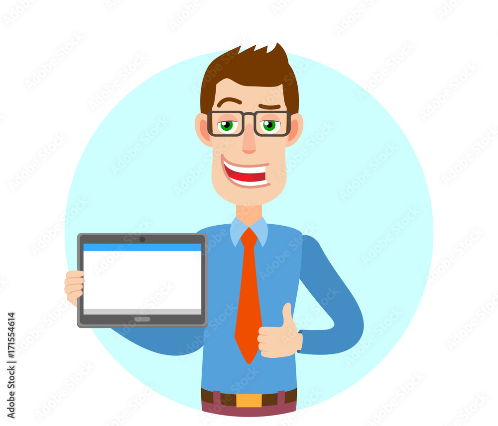 Businessman holding tablet PC and showing thumb up Businessman holding tablet PC and showing thumb up