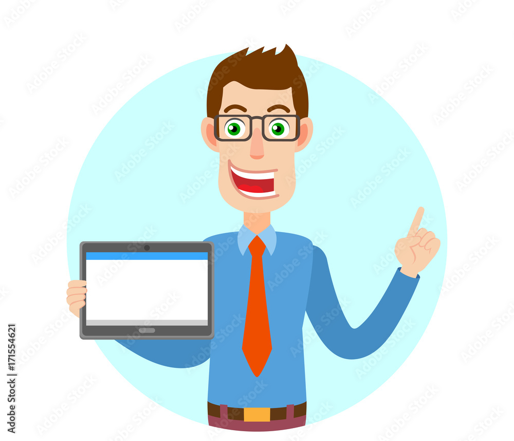 Businessman holding tablet PC and pointing up Businessman holding tablet PC and pointing up