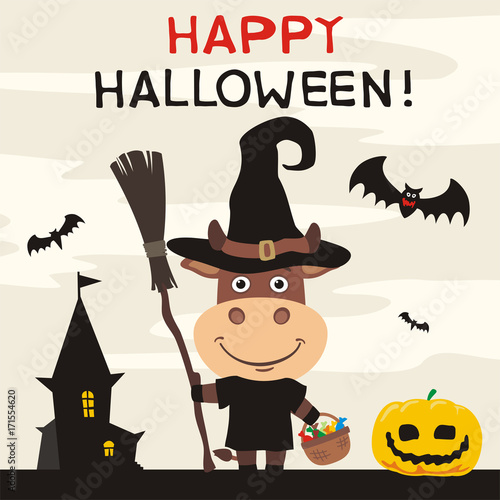 Happy Halloween! Greeting card or banner for Halloween with funny Bull in cartoon style. Bull in witch hat and with broom on background of terrible home and pumpkin.