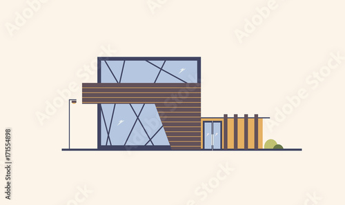 Modern building with large windows, glass door and wooden facade. House built...