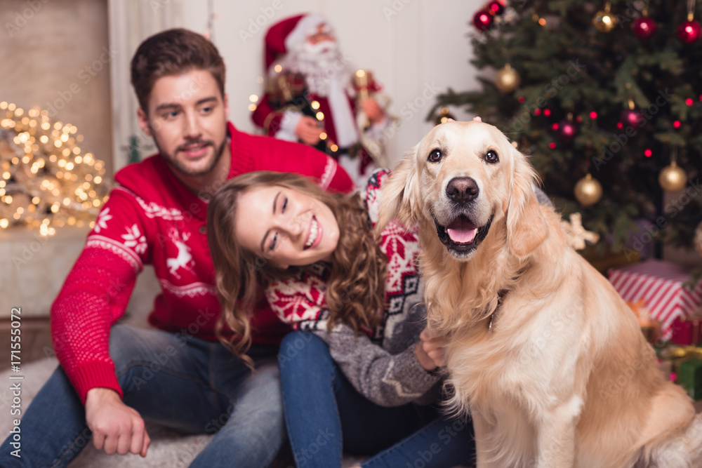 couple with dog at christmastime