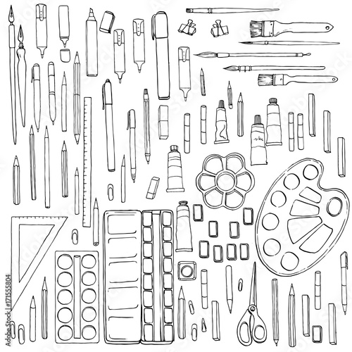 stationery, art materials, set of paint brushes