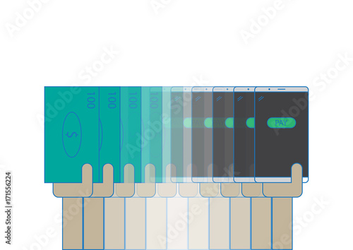 Fintech - transformation concept from traditional payment by bank note to future payment by mobile phone