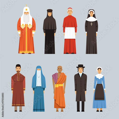 Religion people set, men and women of different religious confessions in traditional clothes