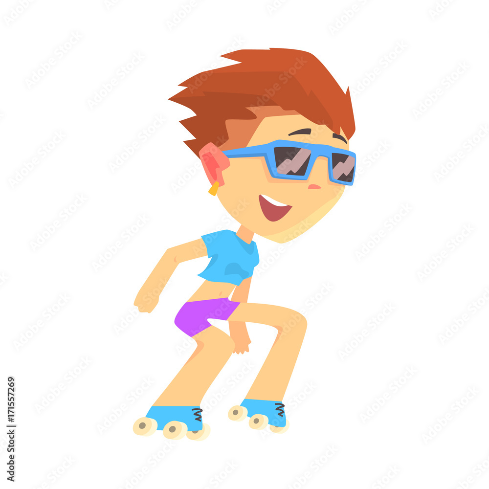 Happy boy rollerblading, active lifestyle cartoon vector Illustration
