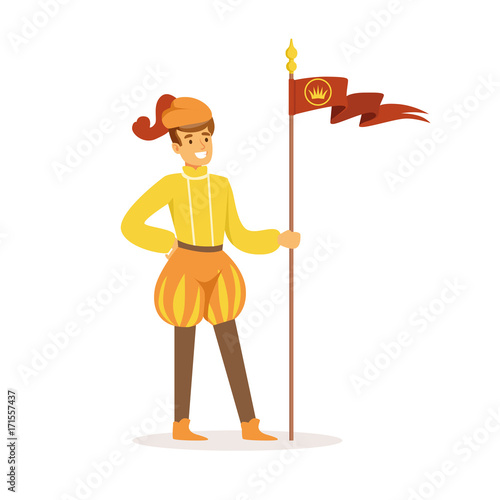 Herald playing a trumpet, European medieval character in traditional costume colorful vector Illustration