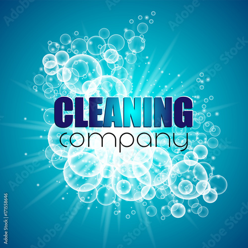 template design corporate identity cleaning company. Realistic bubbles knocked into the foam. Vector illustration