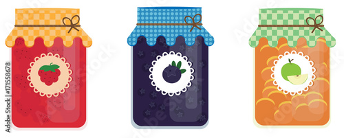 Glass jars of jam with blueberry, apple, raspberry. Flat style.