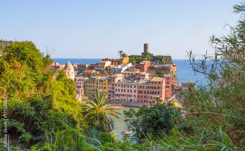 VERNAZZA, ITALY, JULY 31, 2017 - Panoramic view of Vernazza, 5 Terre, La Spezia province, Ligurian coast, Italy.